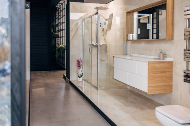 Modern bathroom in showroom, bathroom equipment on display.